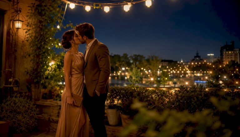 Couple embracing on rooftop at blue hour twilight