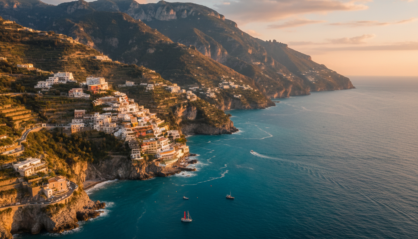 Amalfi Coast from a helicopter at golden hour