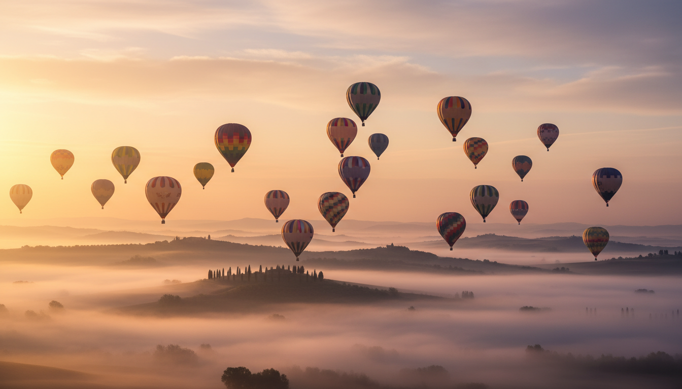 Hot air balloons over Tuscany at sunrise