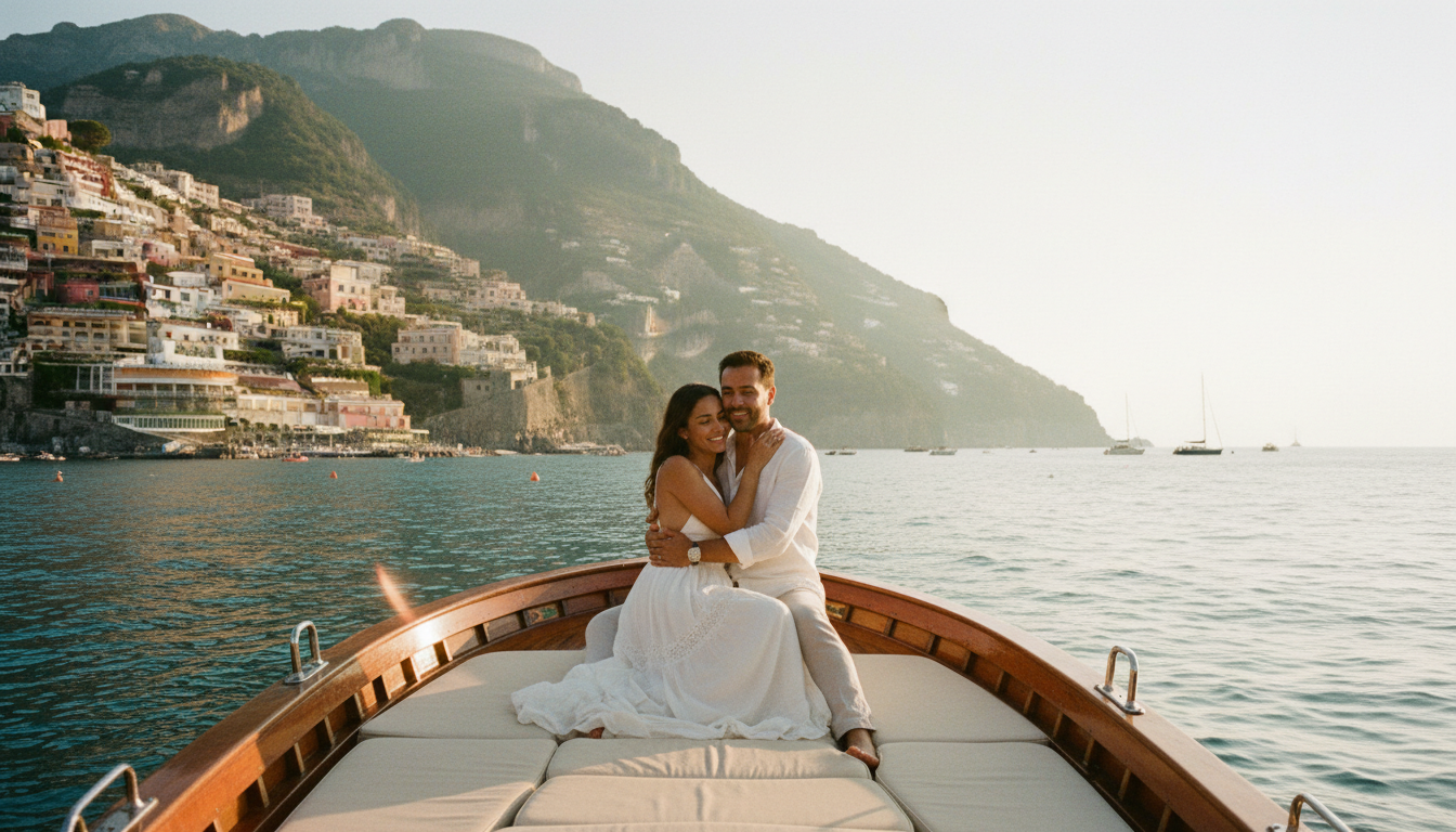Private boat proposal off Positano at golden hour