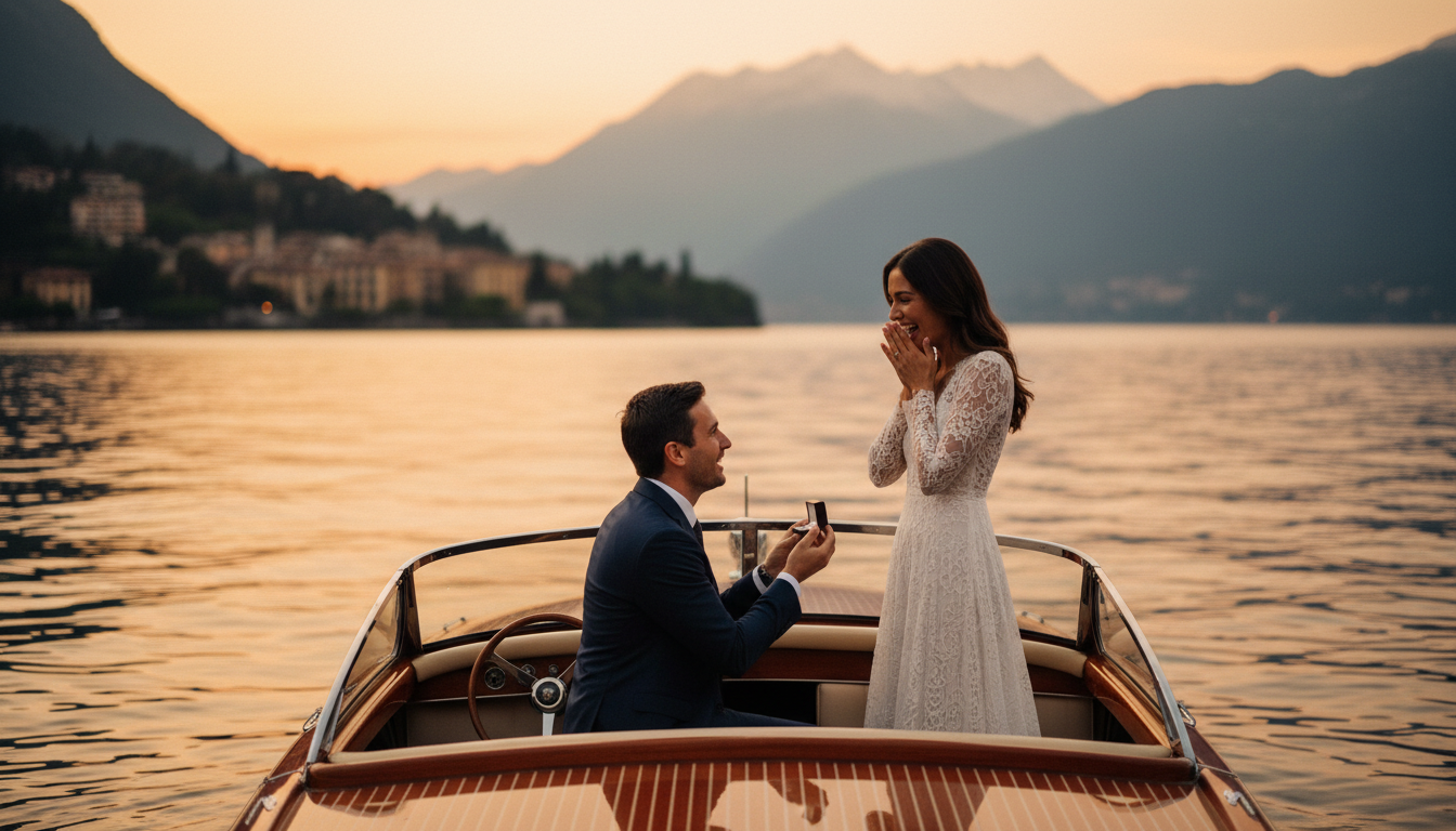 Private wooden boat marriage proposal on Lake Como at sunset
