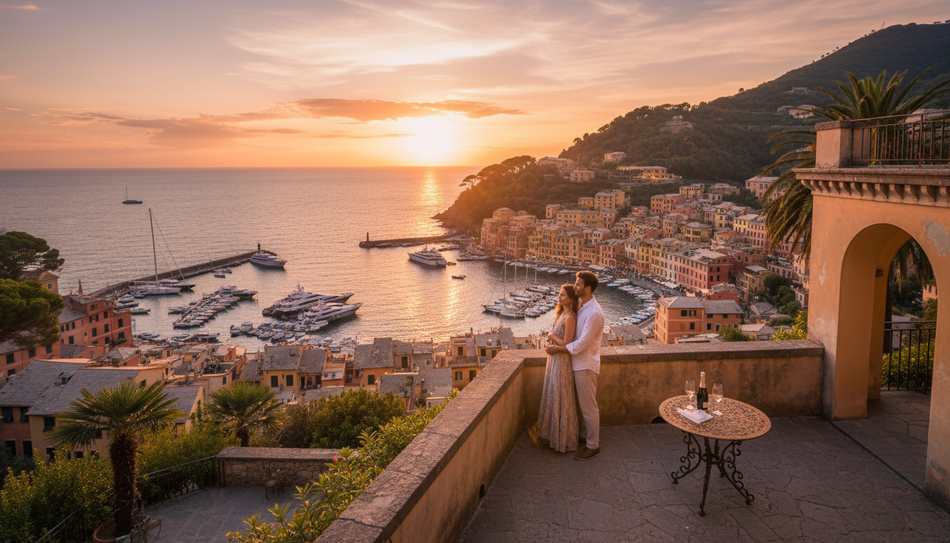 Proposal at Castello Brown above Portofino at sunset
