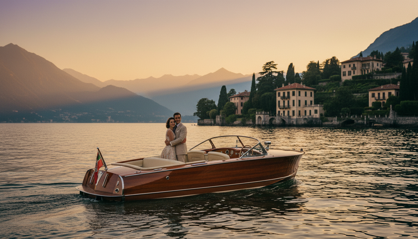 Private boat proposal on Lake Como at golden hour