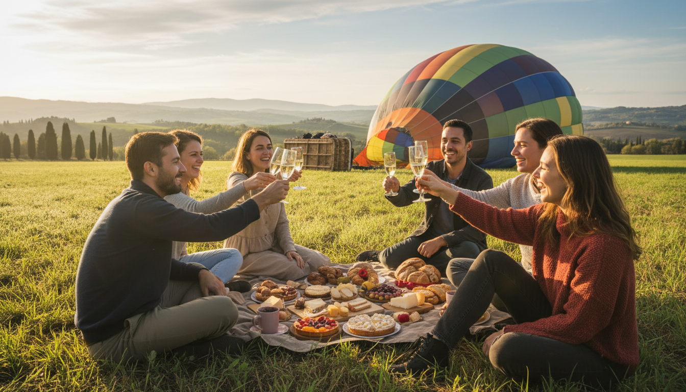 Champagne toast after a balloon proposal in Italy
