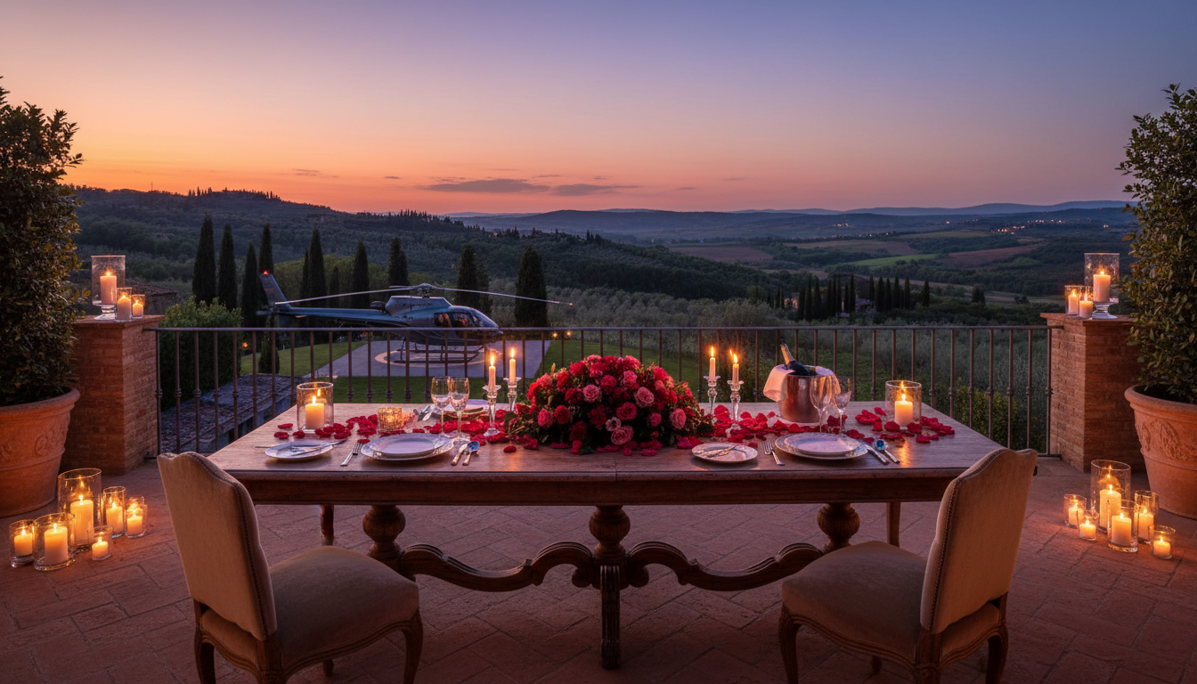 Private dinner after a helicopter proposal in Italy