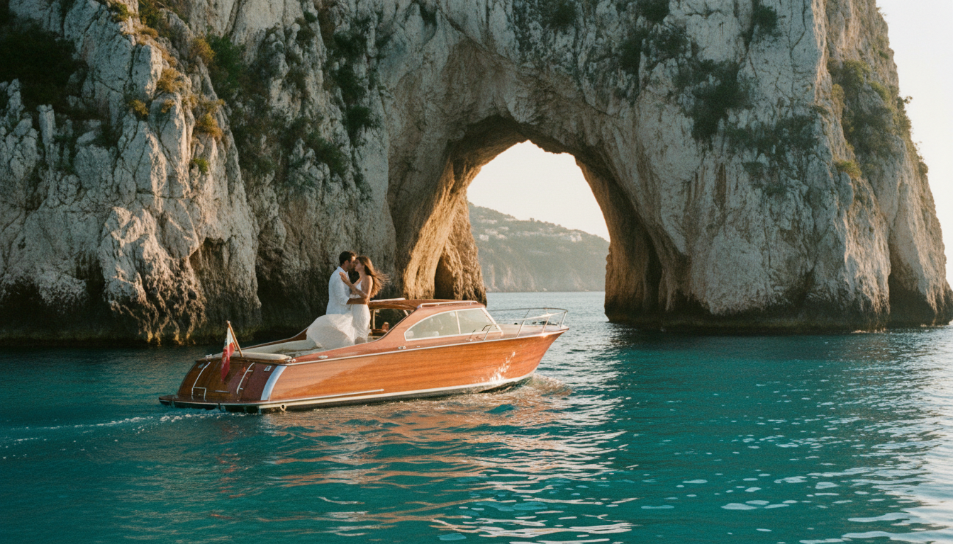 Private boat proposal at the Faraglioni arch, Capri