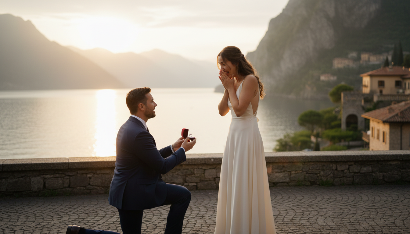 Marriage proposal in Italy at sunset