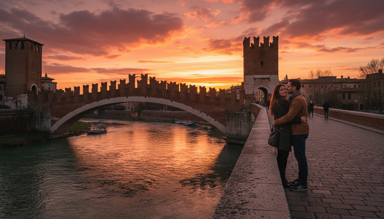 Proposal on Ponte Scaligero over the Adige in Verona at sunset