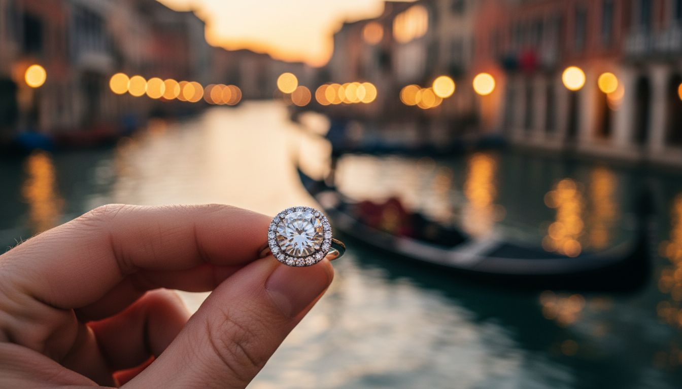 Engagement ring above a Venice canal at sunset