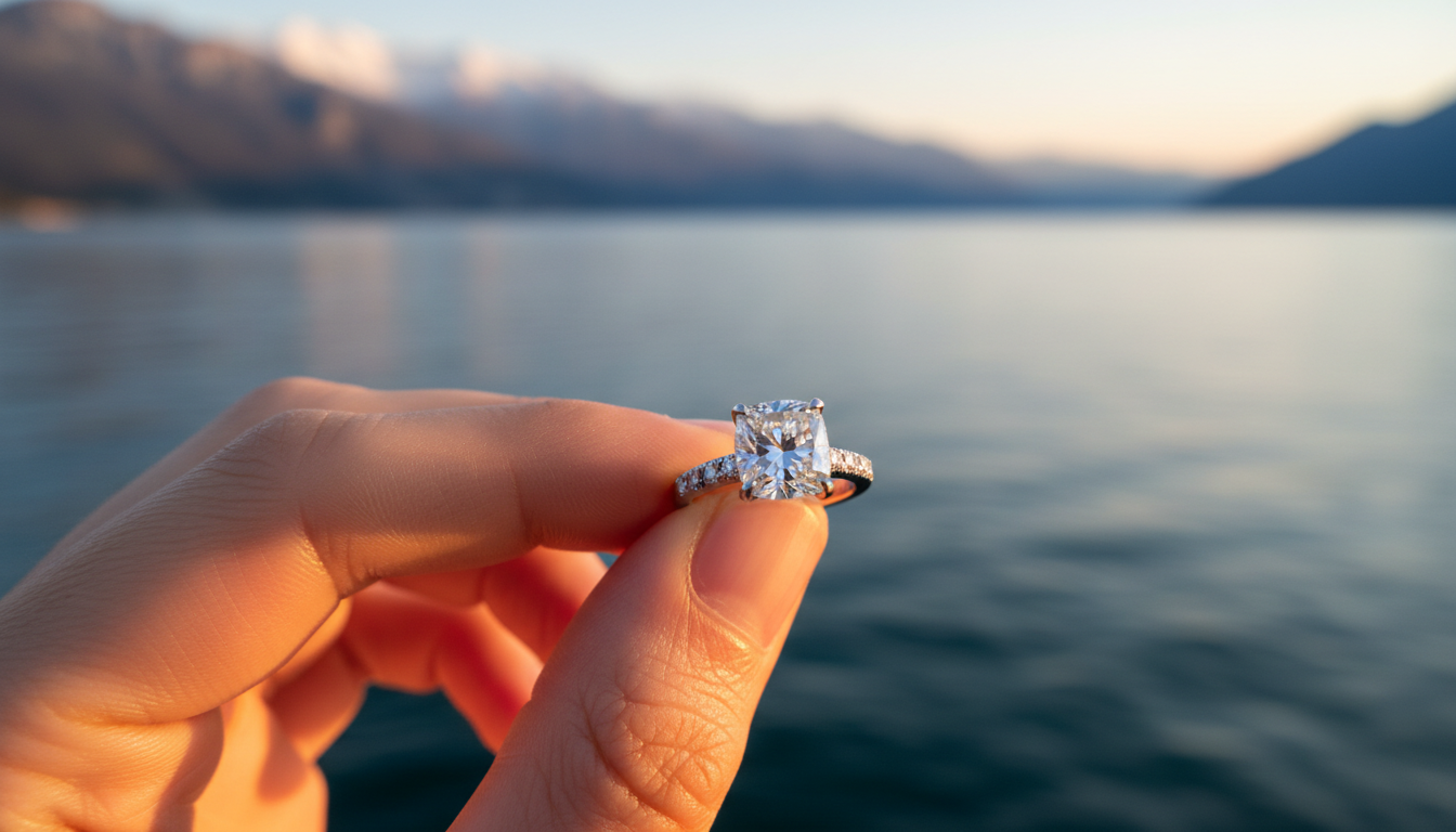 Engagement ring above Lake Garda at sunset