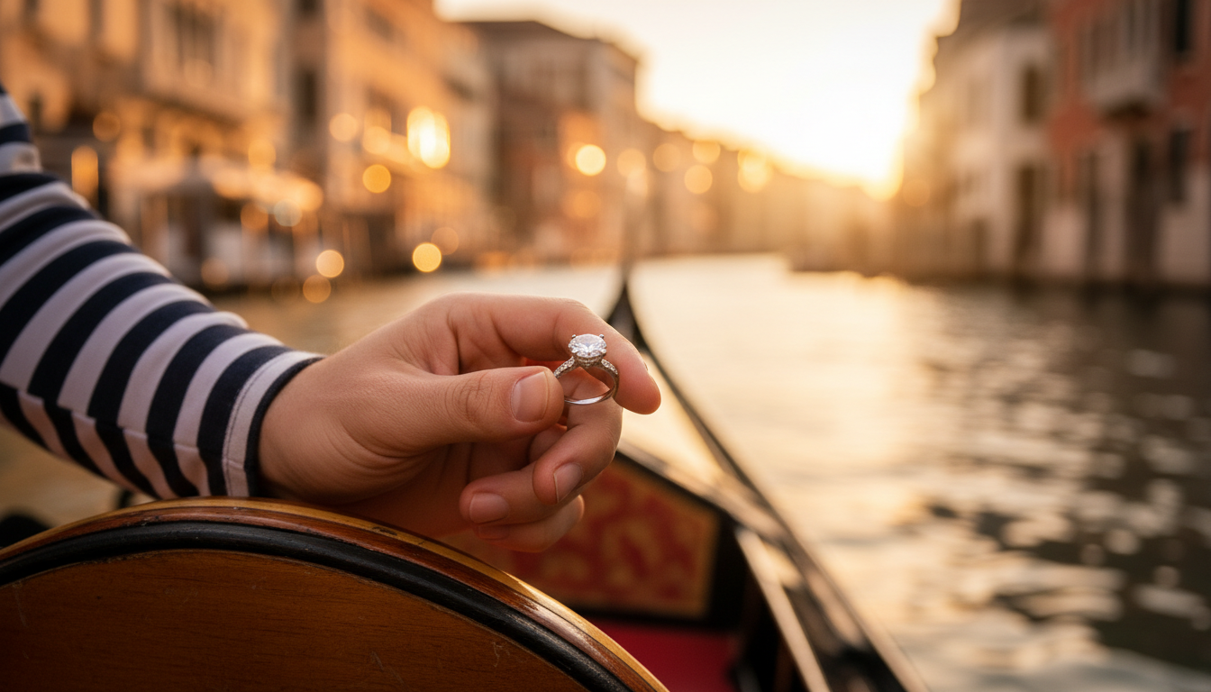 Engagement ring on a gondola in Venice