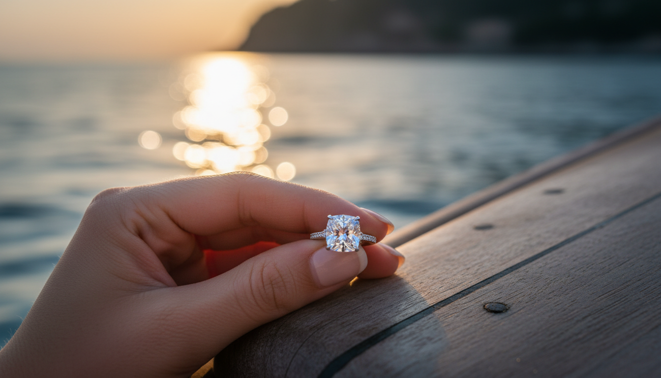 Engagement ring on a boat in Italy at sunset