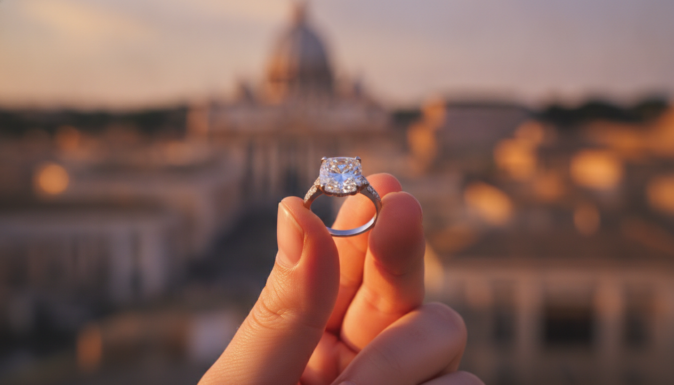 Engagement ring with the Rome skyline behind