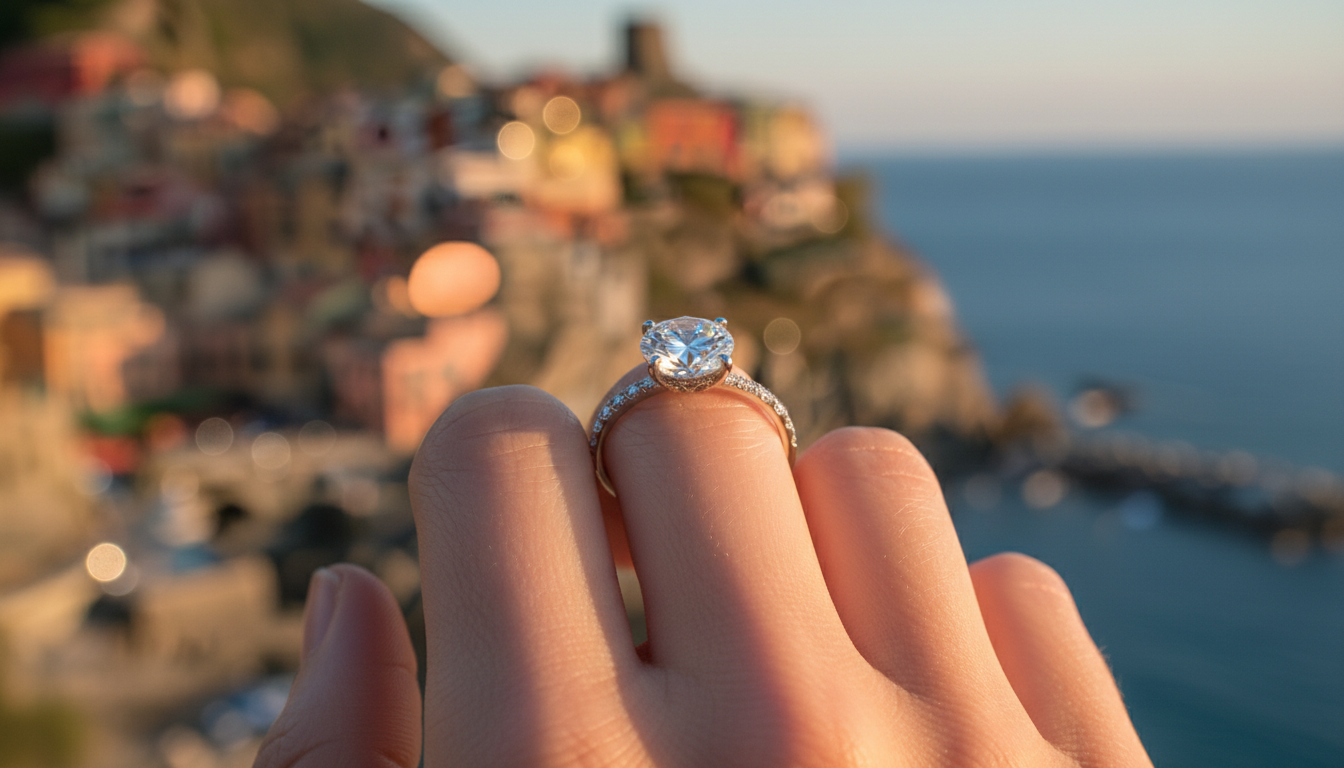 Engagement ring above the Cinque Terre at sunset