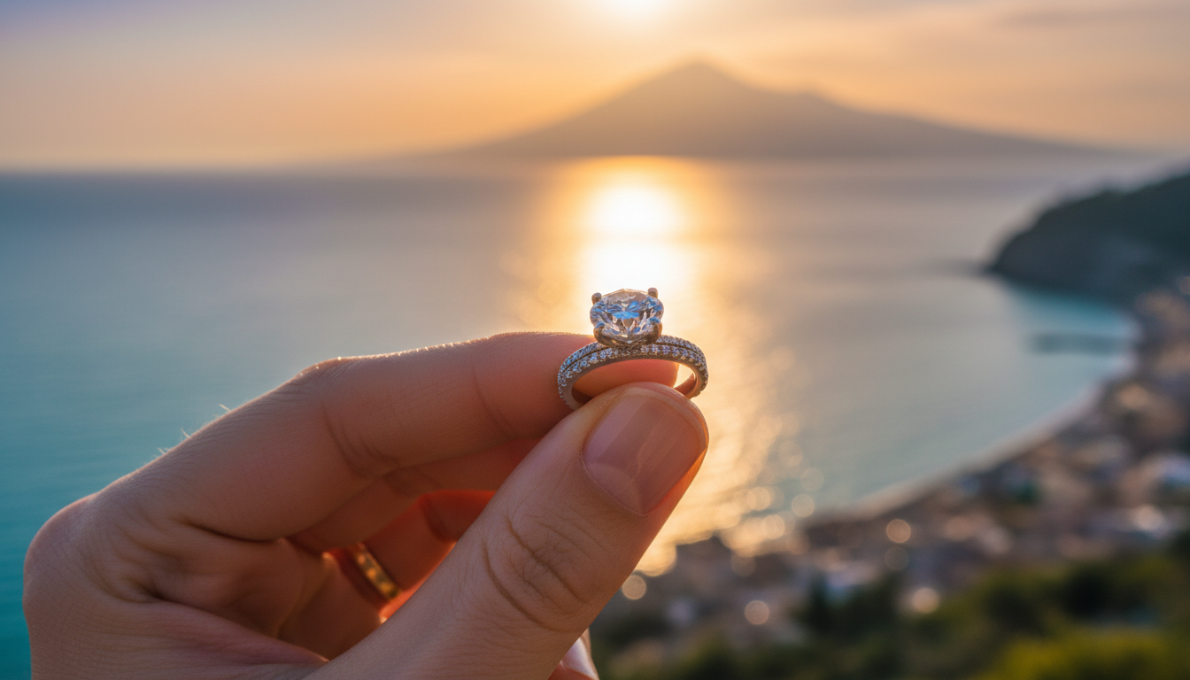 Engagement ring in Taormina with Etna behind