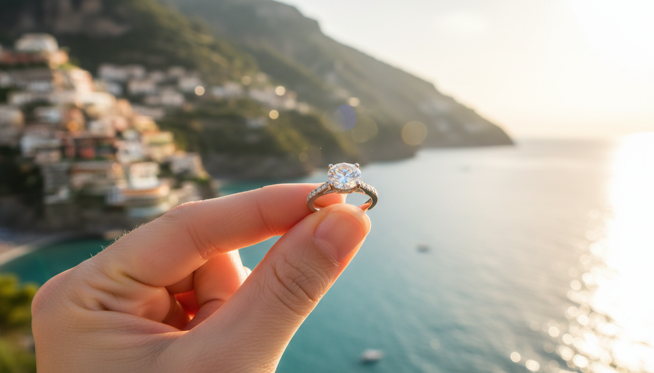 Engagement ring above the Amalfi Coast sea at sunset