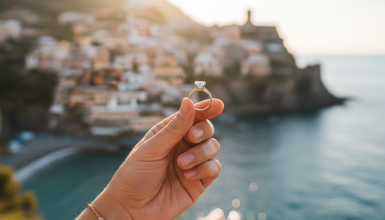 Engagement ring above the Positano cliffs at sunset
