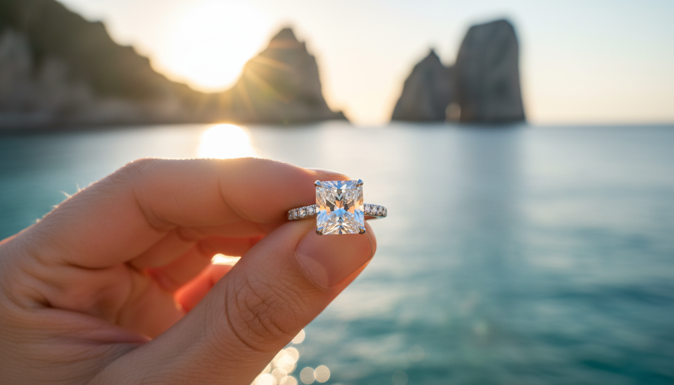 Engagement ring with the Faraglioni of Capri behind