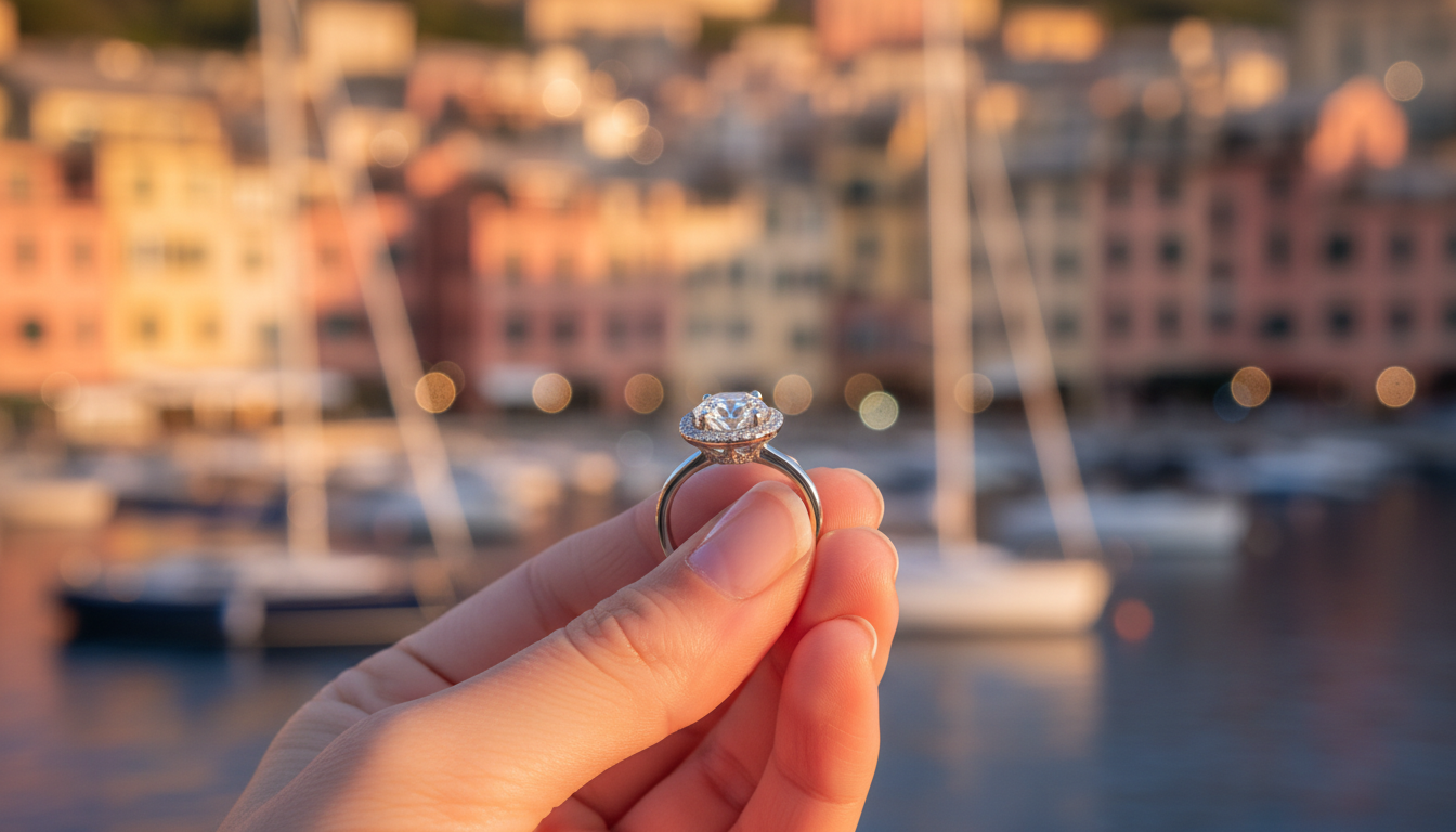 Engagement ring above the Portofino harbour at sunset