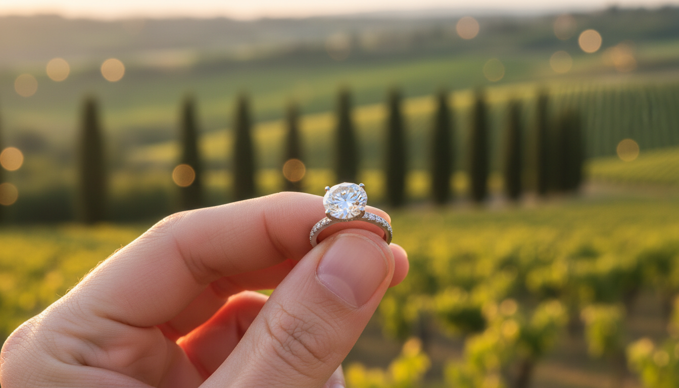 Engagement ring with Tuscan hills behind