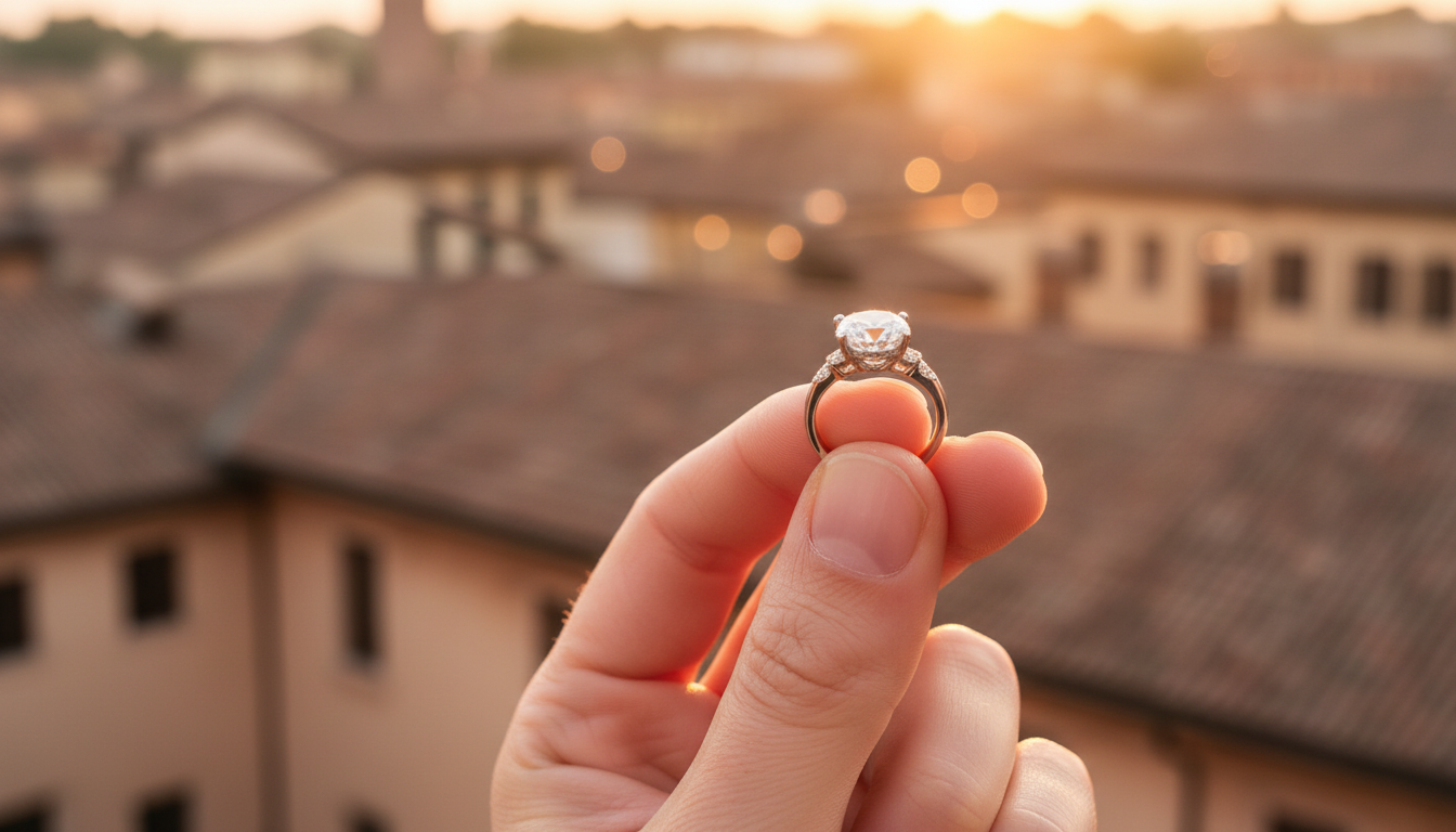 Engagement ring with the rooftops of Verona behind