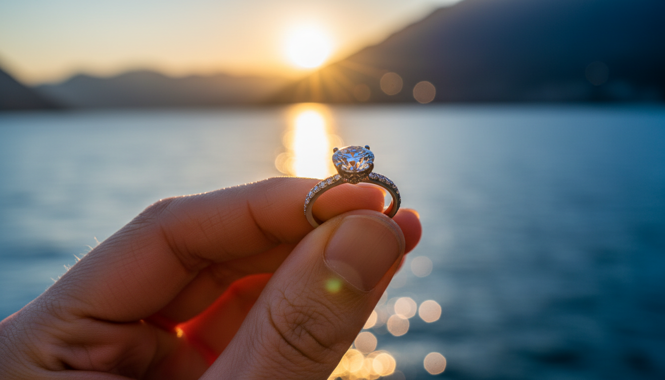 Diamond engagement ring held above Lake Como at sunset