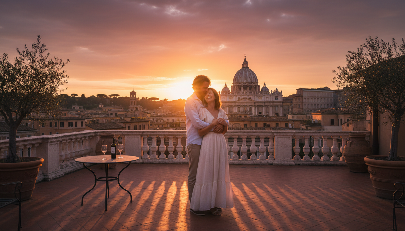Rooftop proposal in Rome at sunset