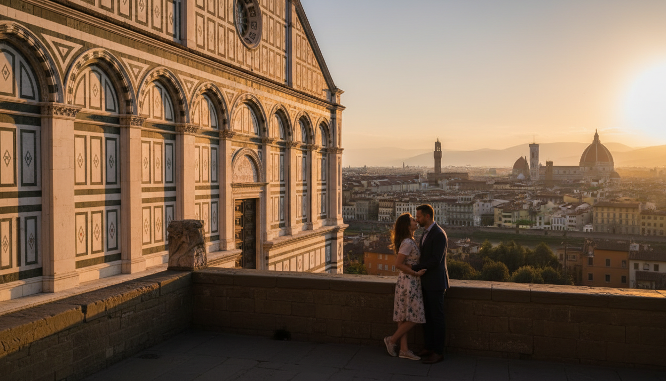 Proposal at San Miniato al Monte above Florence at sunset