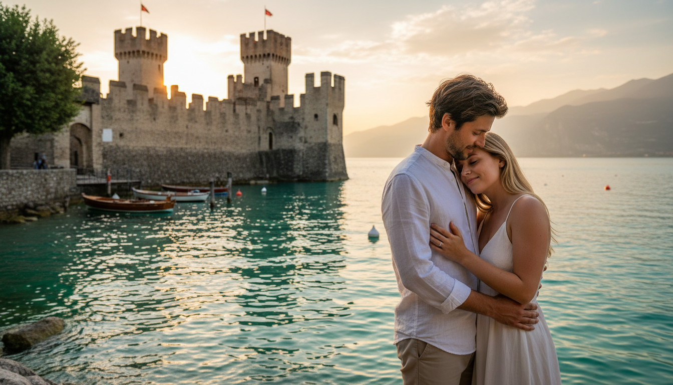 Proposal in Sirmione on Lake Garda at golden hour
