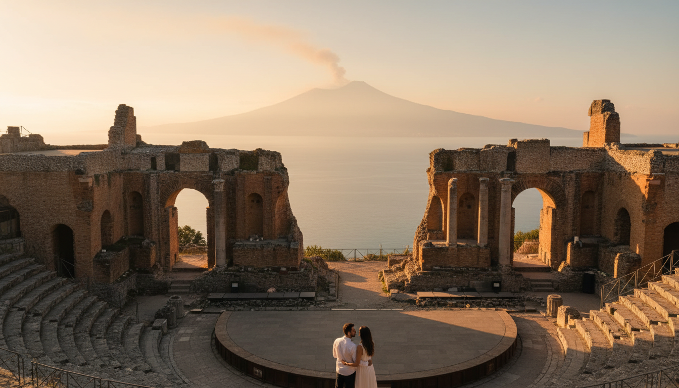 Proposal at the Greek Theatre of Taormina with Etna behind