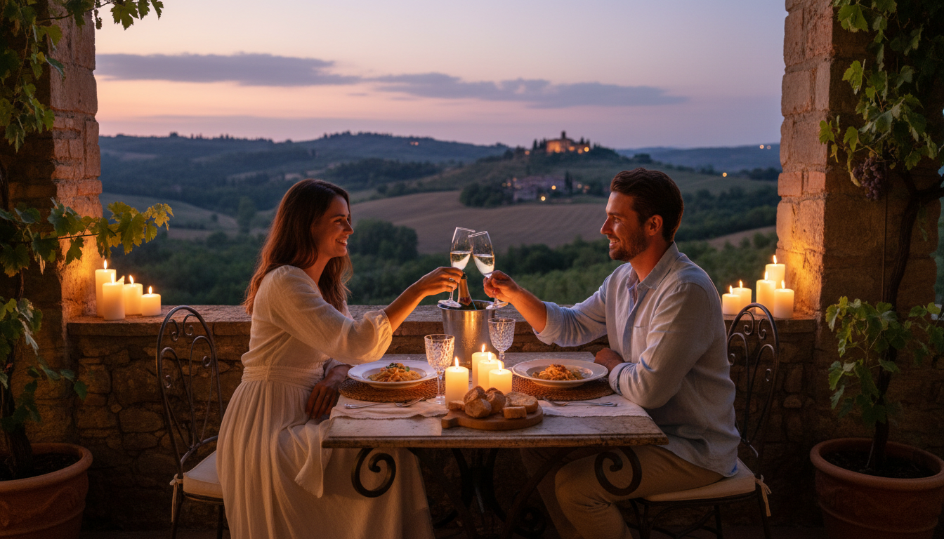 Champagne toast at a proposal dinner in Italy