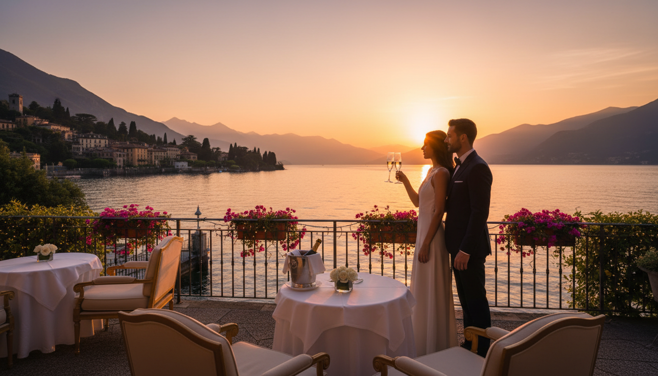 Champagne toast on a five-star grand hotel terrace on Lake Como at sunset