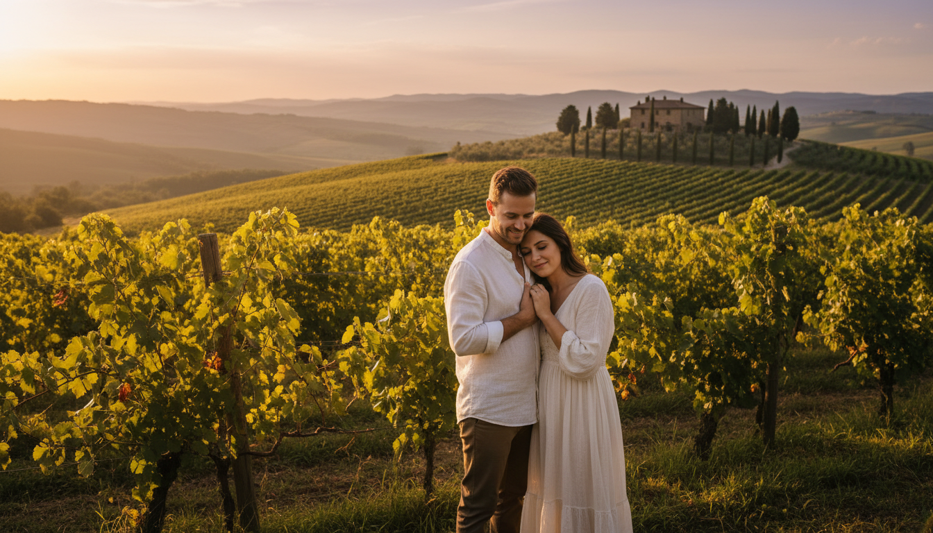 Vineyard proposal in Tuscany at golden hour