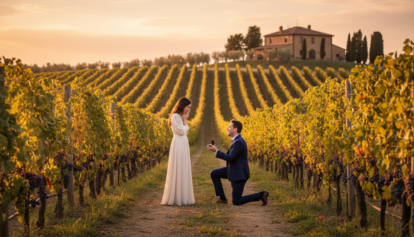 Vineyard proposal in Tuscany at golden hour
