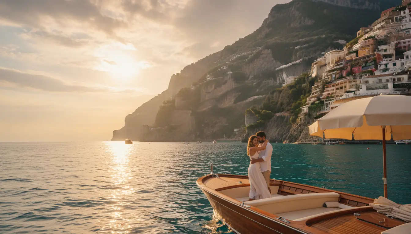 Private boat proposal below the Amalfi cliffs at golden hour