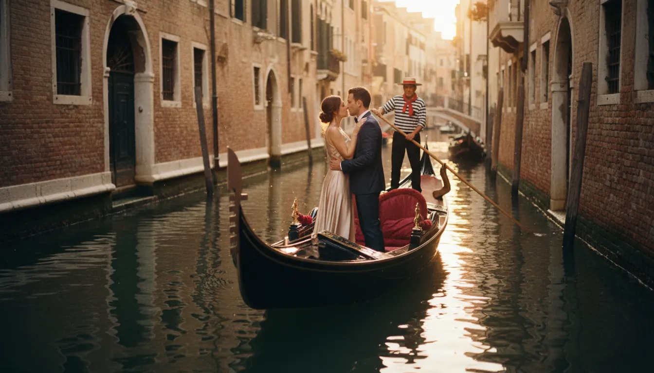 Private gondola proposal in Venice at golden hour