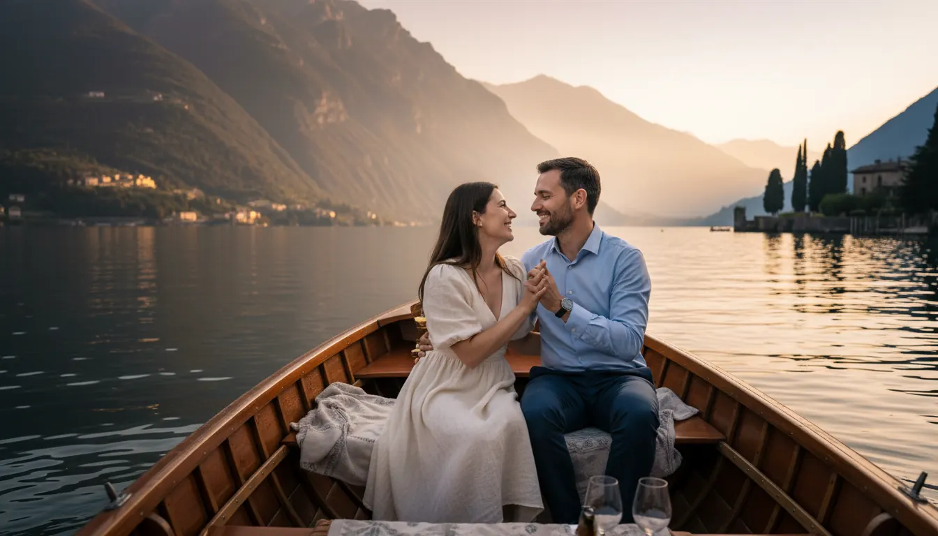 Proposal on an Italian lake at golden hour